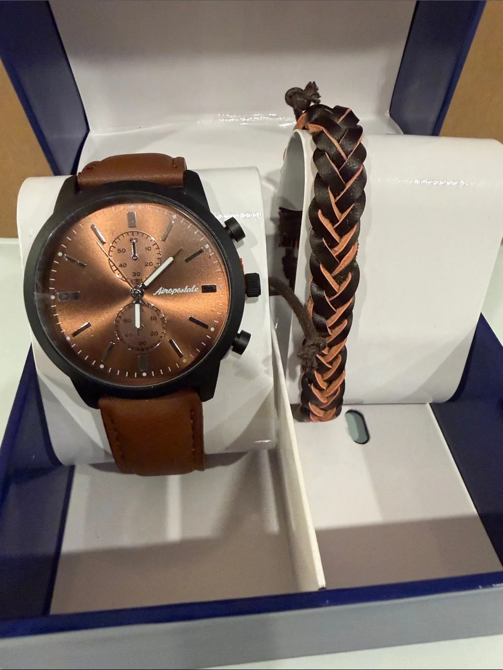 Aeropostale Men's Copper Dial Brown Leather Watch with Braided Brown Bracelet